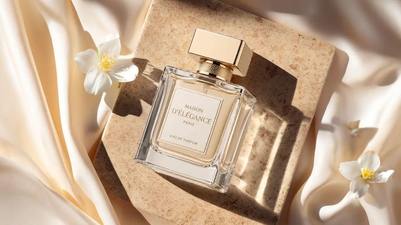 Perfume bottle generated on travertine stone with silk fabric and white flowers