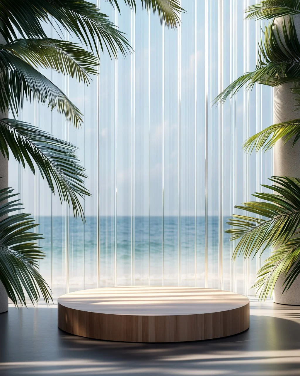 Tropical seaside product display scene with palm leaves and a round podium