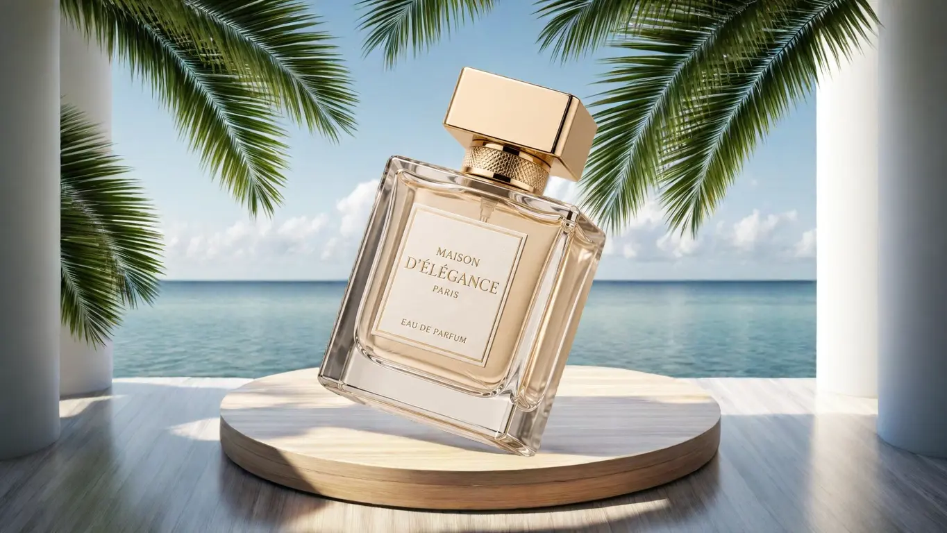 Perfume bottle placed into the tropical seaside reference scene