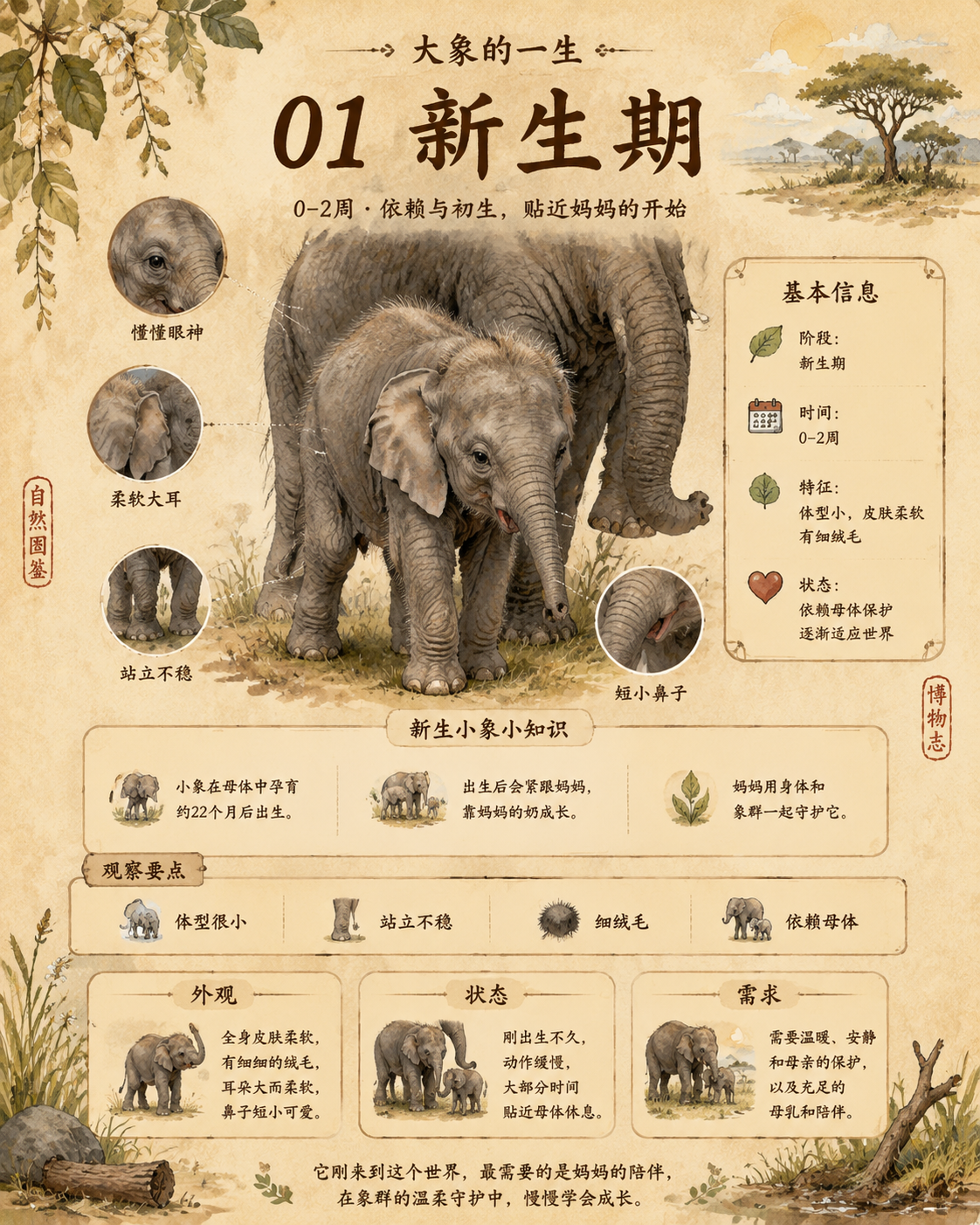 【唯一变量】 主题动物：大象 请根据上面的“主题动物”生成一张竖版中文科普图鉴海报。后文中凡是提到“该动物”“这种动物”“它”，都统一指代“主题动物”。画面中…