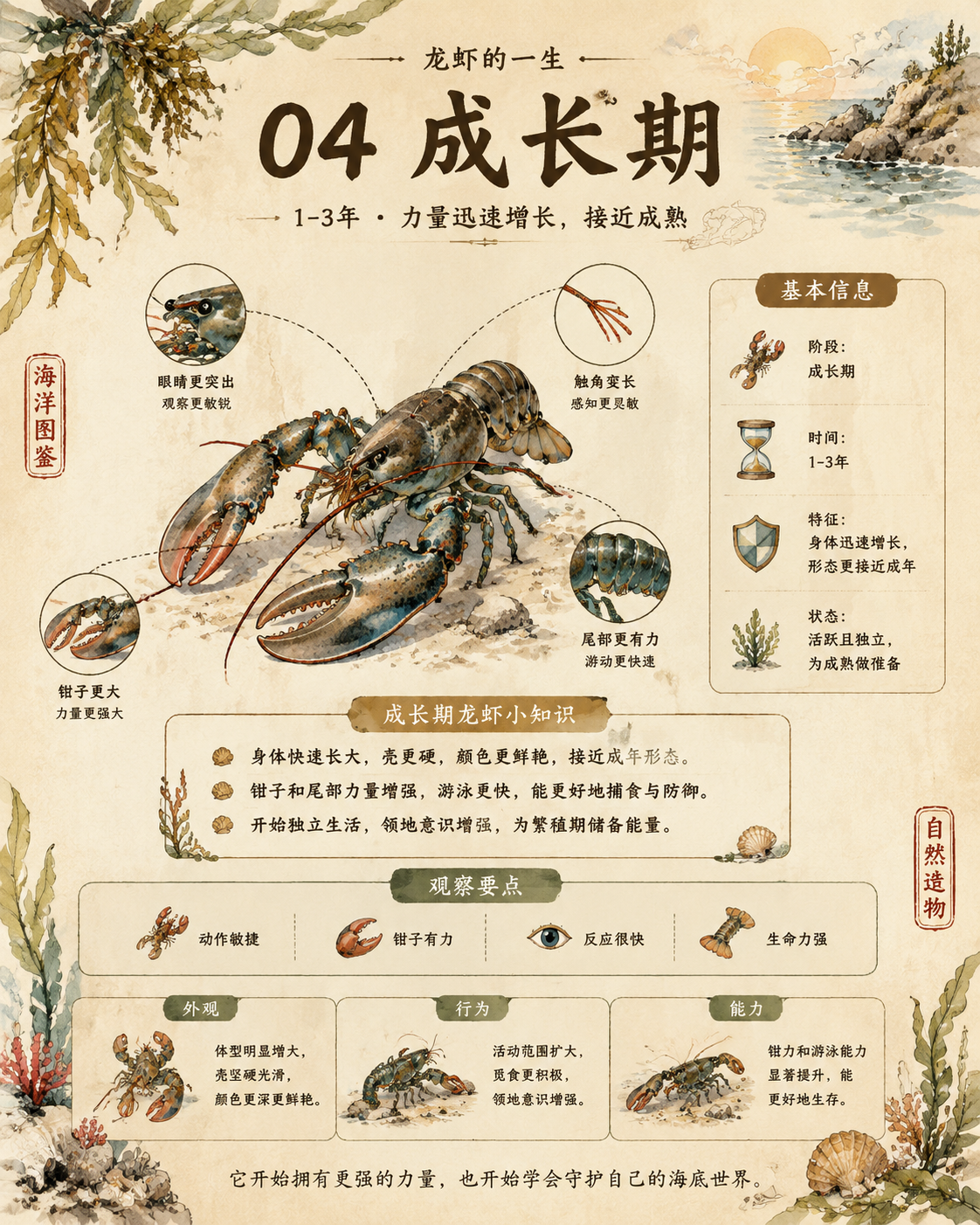 【唯一变量】 主题对象：龙虾 请根据上面的“主题对象”生成一张竖版中文科普图鉴海报。后文中凡是提到“该对象”“它”“这种生物”“该动物”“该植物”，都统一指代…