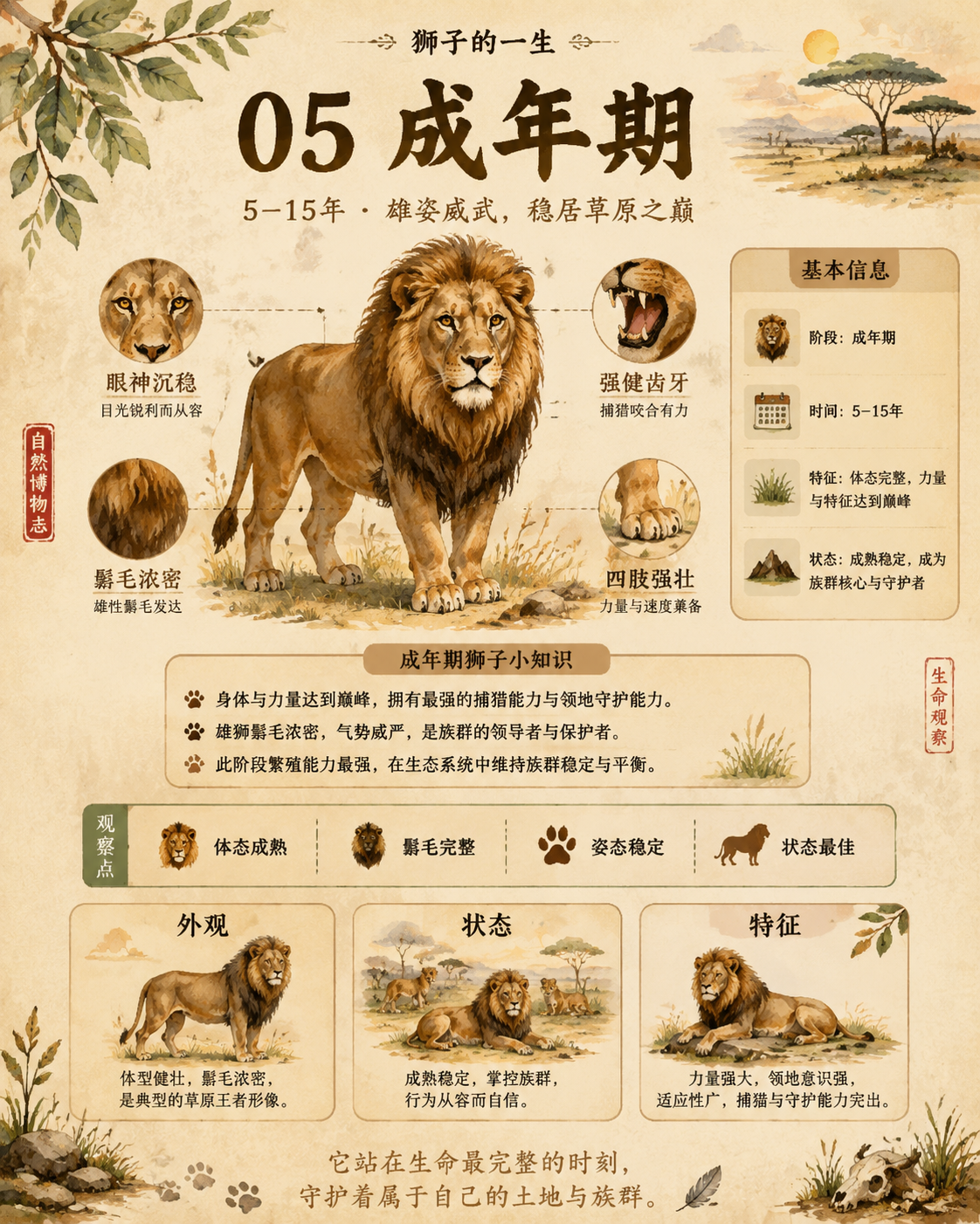 【唯一变量】 主题对象：狮子 请根据上面的“主题对象”生成一张竖版中文科普图鉴海报。后文中凡是提到“该对象”“它”“这种生物”“该动物”“该植物”，都统一指代…