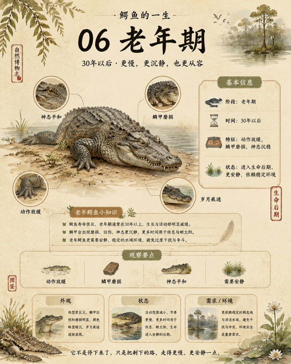 【唯一变量】 主题对象：鳄鱼 请根据上面的“主题对象”生成一张竖版中文科普图鉴海报。后文中凡是提到“该对象”“它”“这种生物”“该动物”“该植物”，都统一指代…