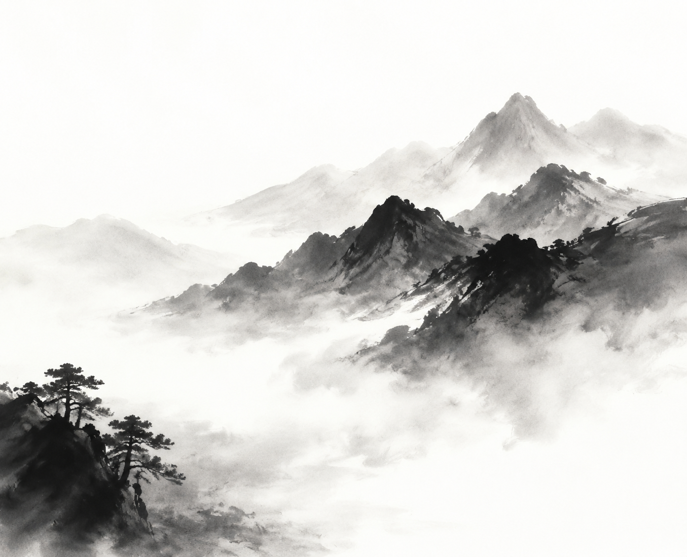 Traditional Chinese ink wash interpretation of 远山云雾, expressive black ink brush…
