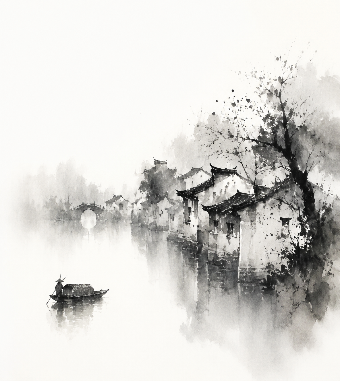 Traditional Chinese ink wash interpretation of 江南烟雨, expressive black ink brush…