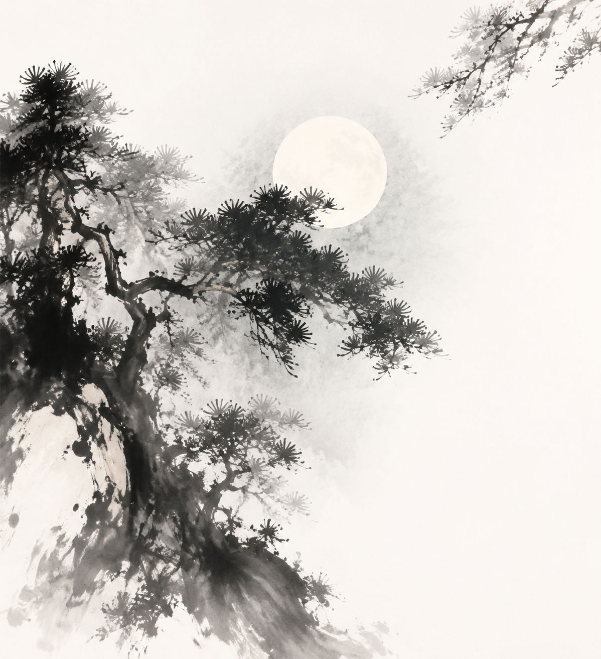 Traditional Chinese ink wash interpretation of 松间明月, expressive black ink brush…