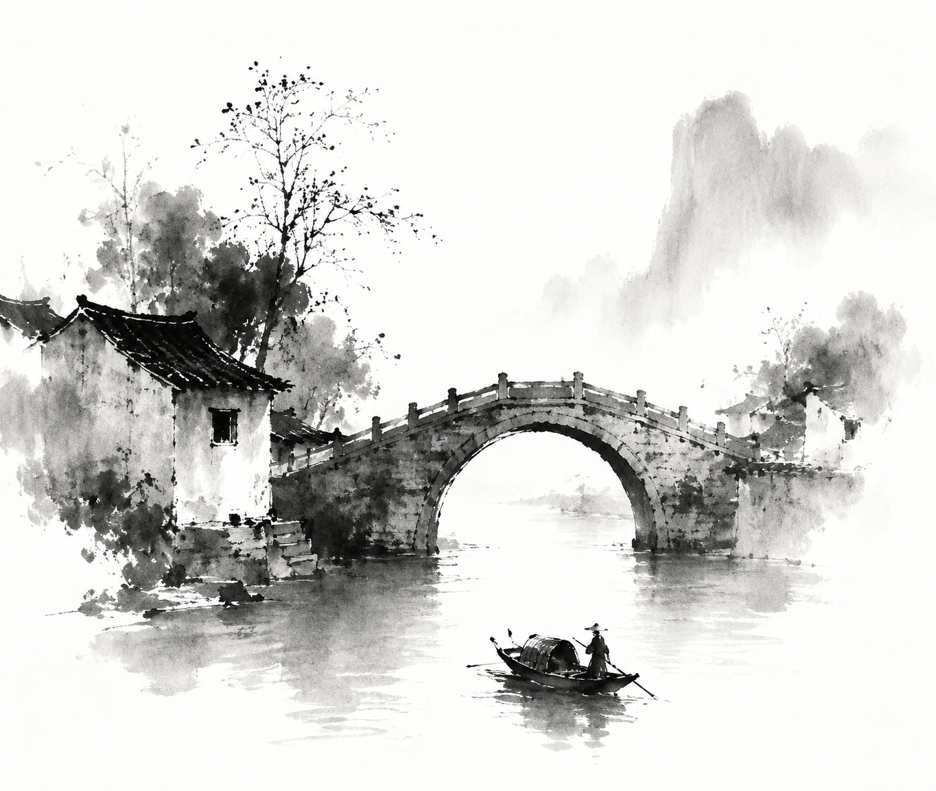 Traditional Chinese ink wash interpretation of 古桥流水, expressive black ink brush…