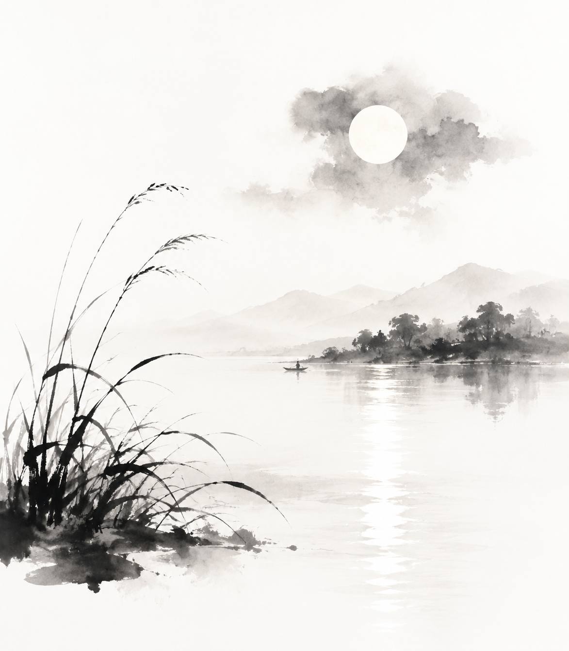 Traditional Chinese ink wash interpretation of 月下湖面, expressive black ink brush…