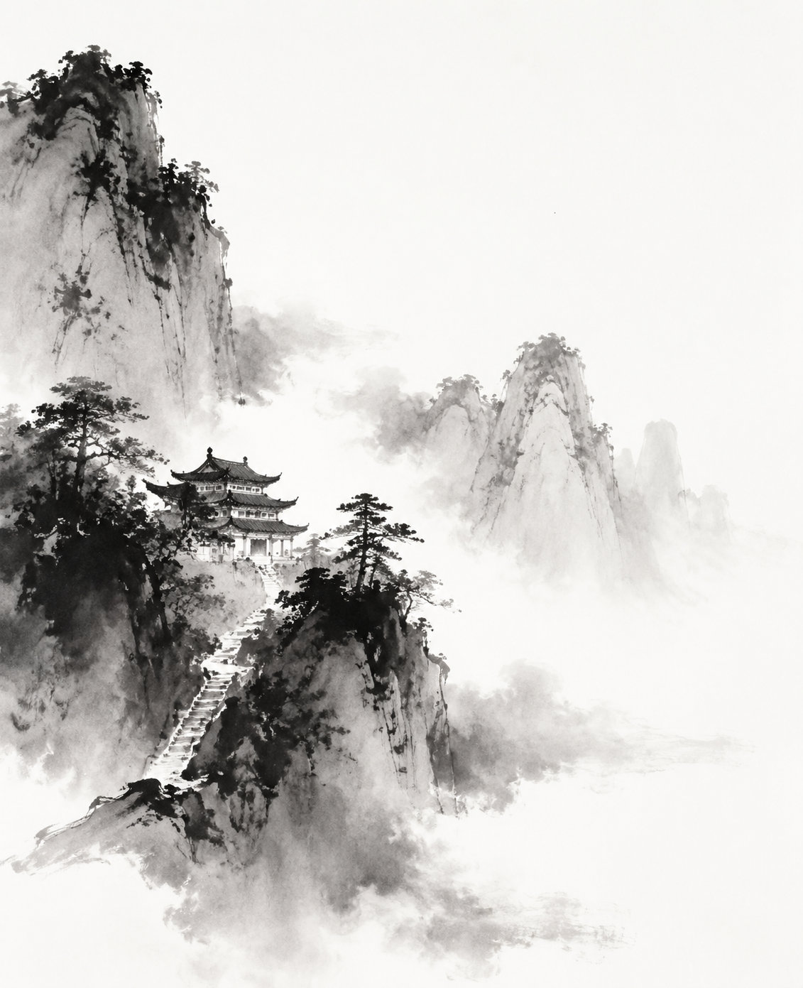 Traditional Chinese ink wash interpretation of 山间古寺, expressive black ink brush…