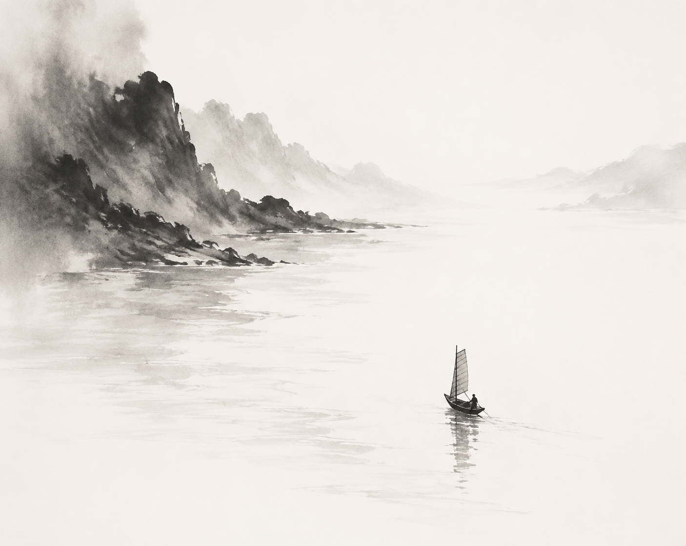 Traditional Chinese ink wash interpretation of 长江孤帆, expressive black ink brush…