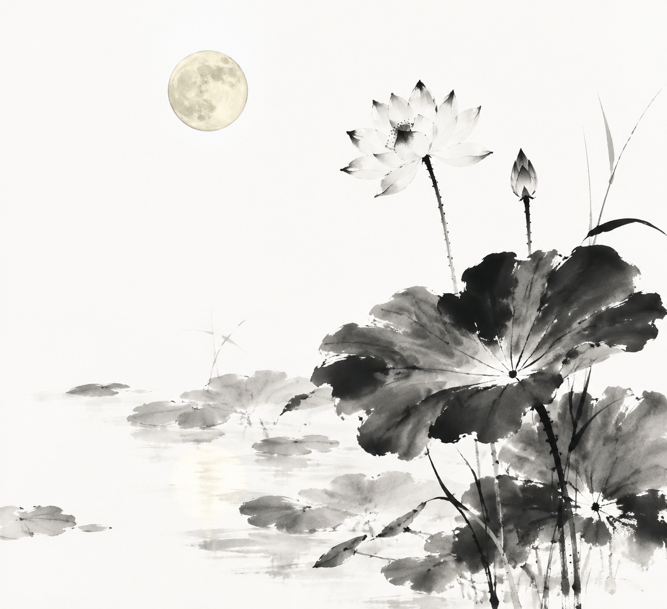 Traditional Chinese ink wash interpretation of 荷塘月色, expressive black ink brush…