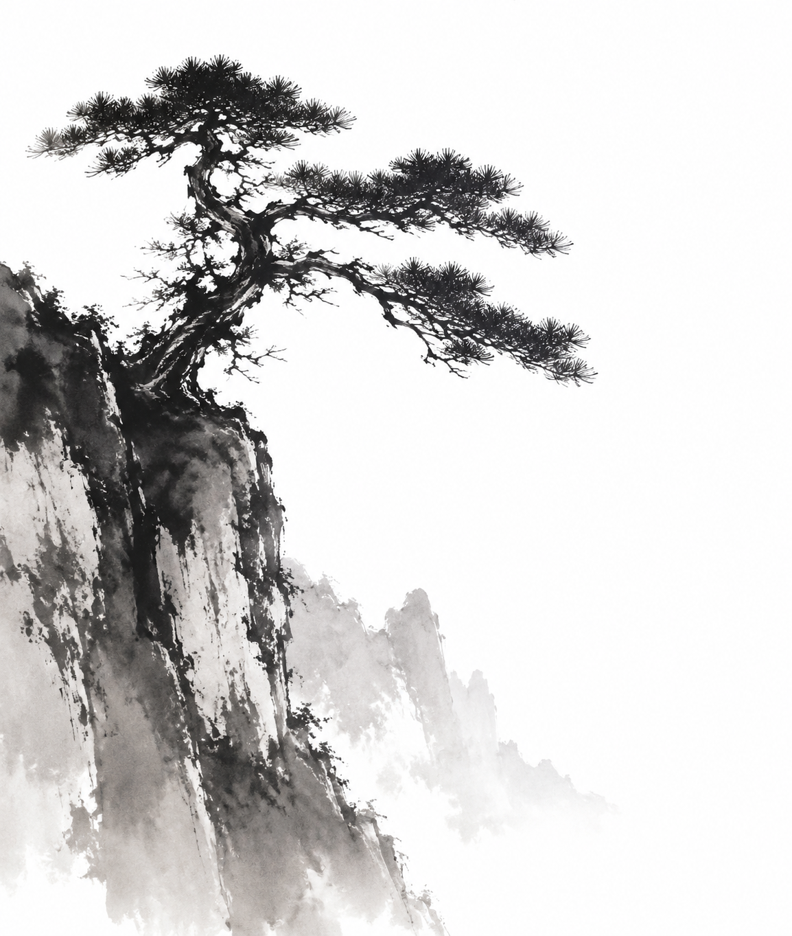 Traditional Chinese ink wash interpretation of 悬崖苍松, expressive black ink brush…