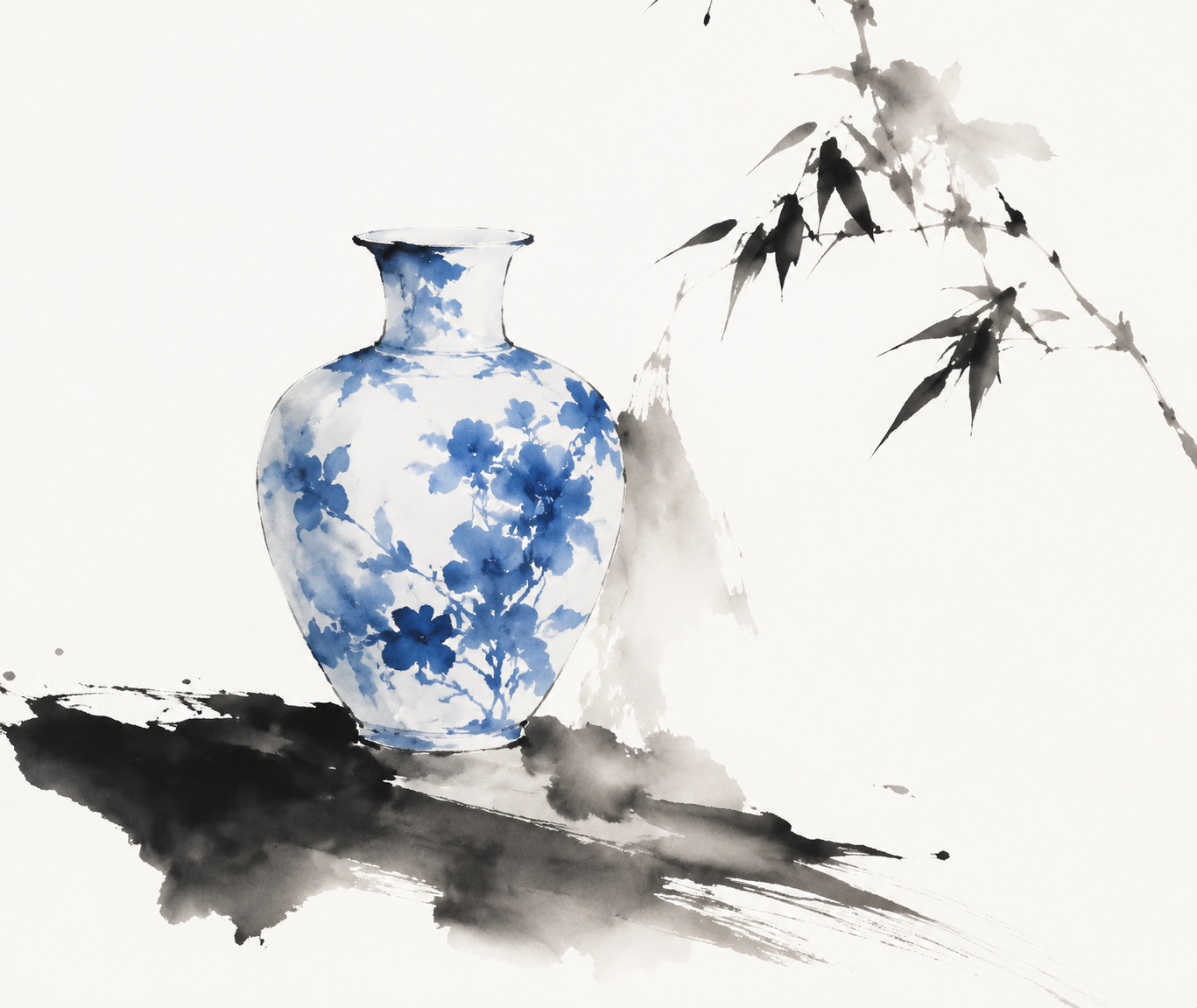 Traditional Chinese ink wash interpretation of 青花瓷瓶, expressive black ink brush…