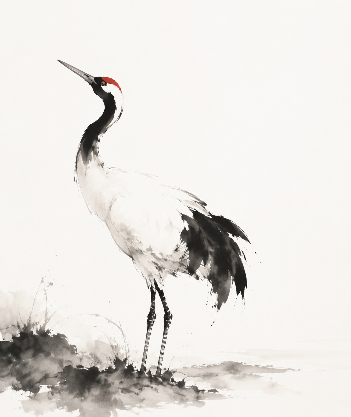 Traditional Chinese ink wash interpretation of 仙鹤, expressive black ink brushst…