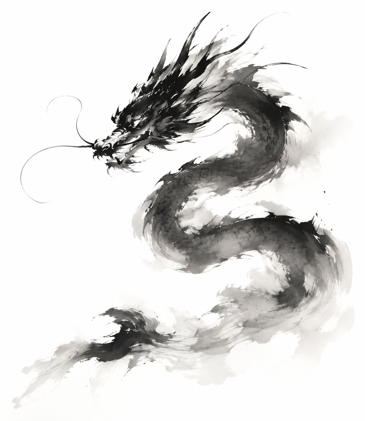 Traditional Chinese ink wash interpretation of 龙, expressive black ink brushstr…