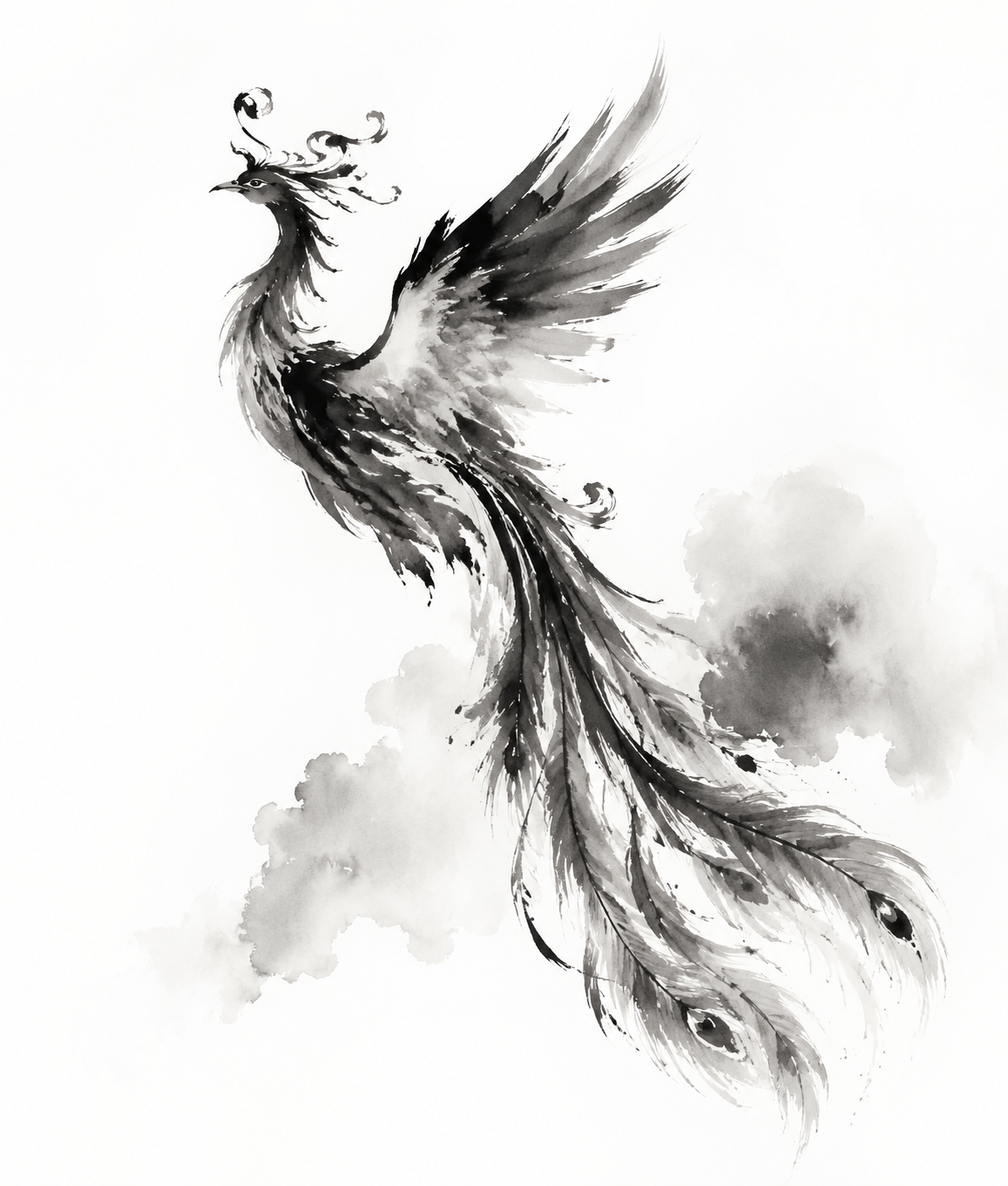 Traditional Chinese ink wash interpretation of 凤凰, expressive black ink brushst…
