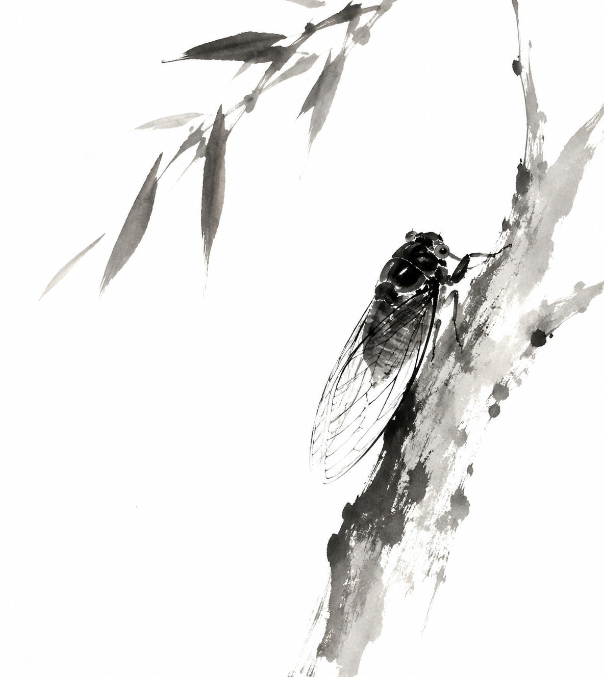 Traditional Chinese ink wash interpretation of 蝉, expressive black ink brushstr…