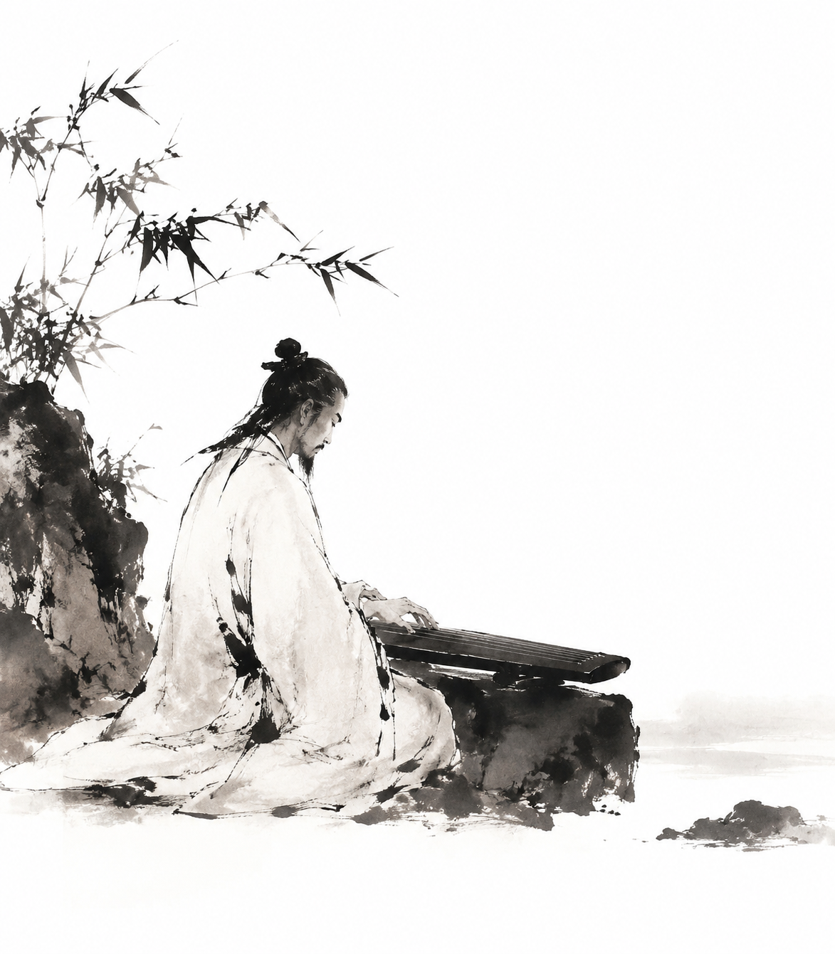 Traditional Chinese ink wash interpretation of 独坐抚琴的文人, expressive black ink br…