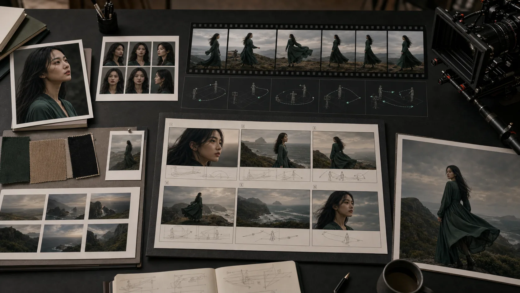 Kling short film storyboard with consistent character and camera path sketches