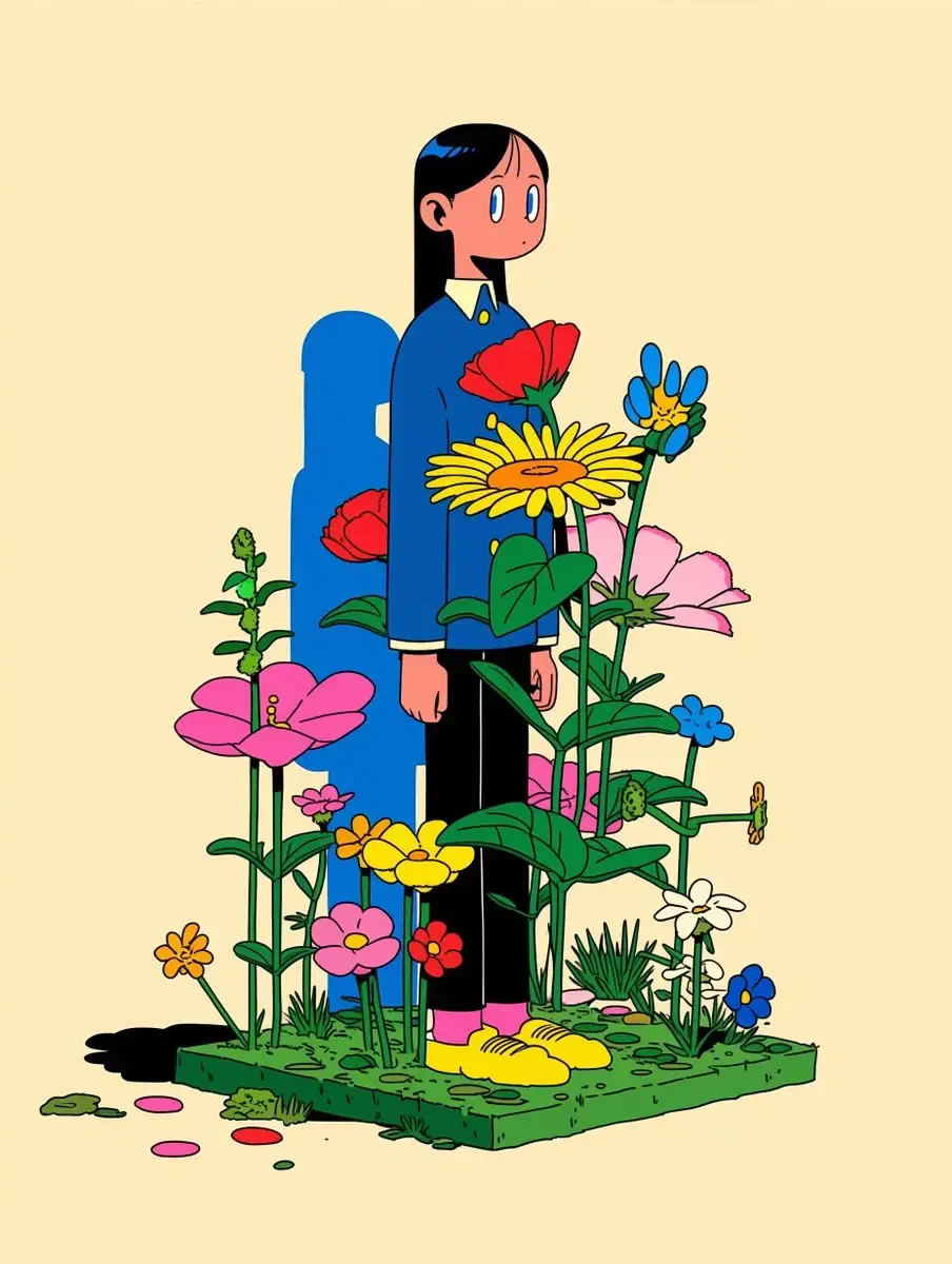 Anime character surrounded by colorful flowers, flat bold illustration style