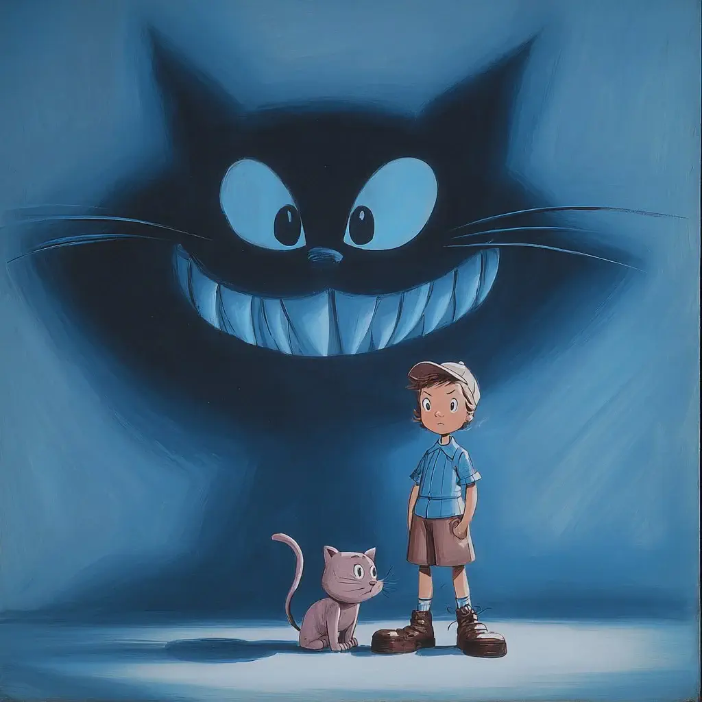 Boy and small cat dwarfed by a giant looming cat shadow, painterly blue