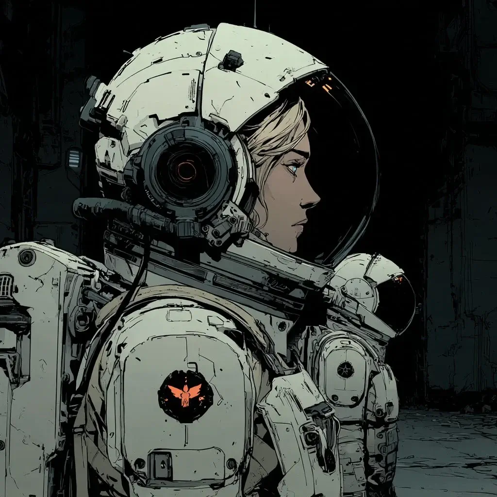 Female astronaut in a worn space suit, dark cinematic comic style