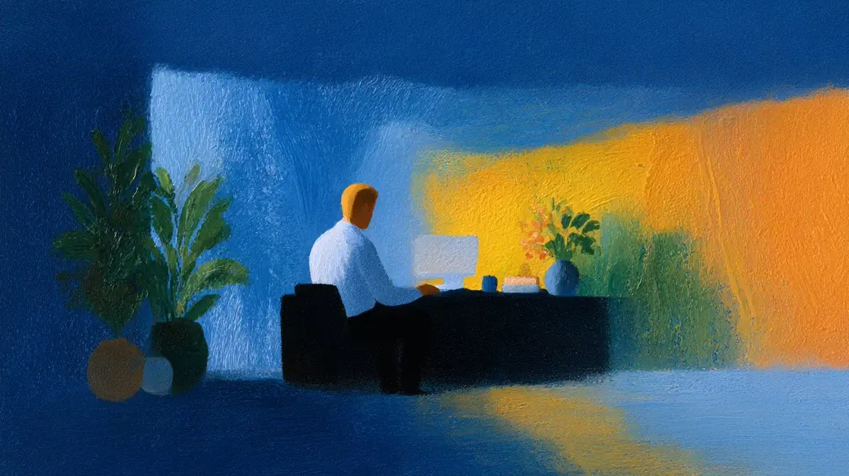 Person working at a laptop in expressive oil paint, deep blue and amber