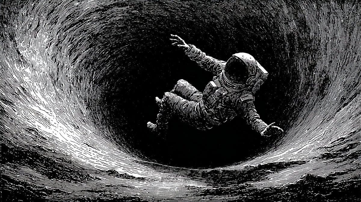 Astronaut falling into a black hole, black and white engraving style