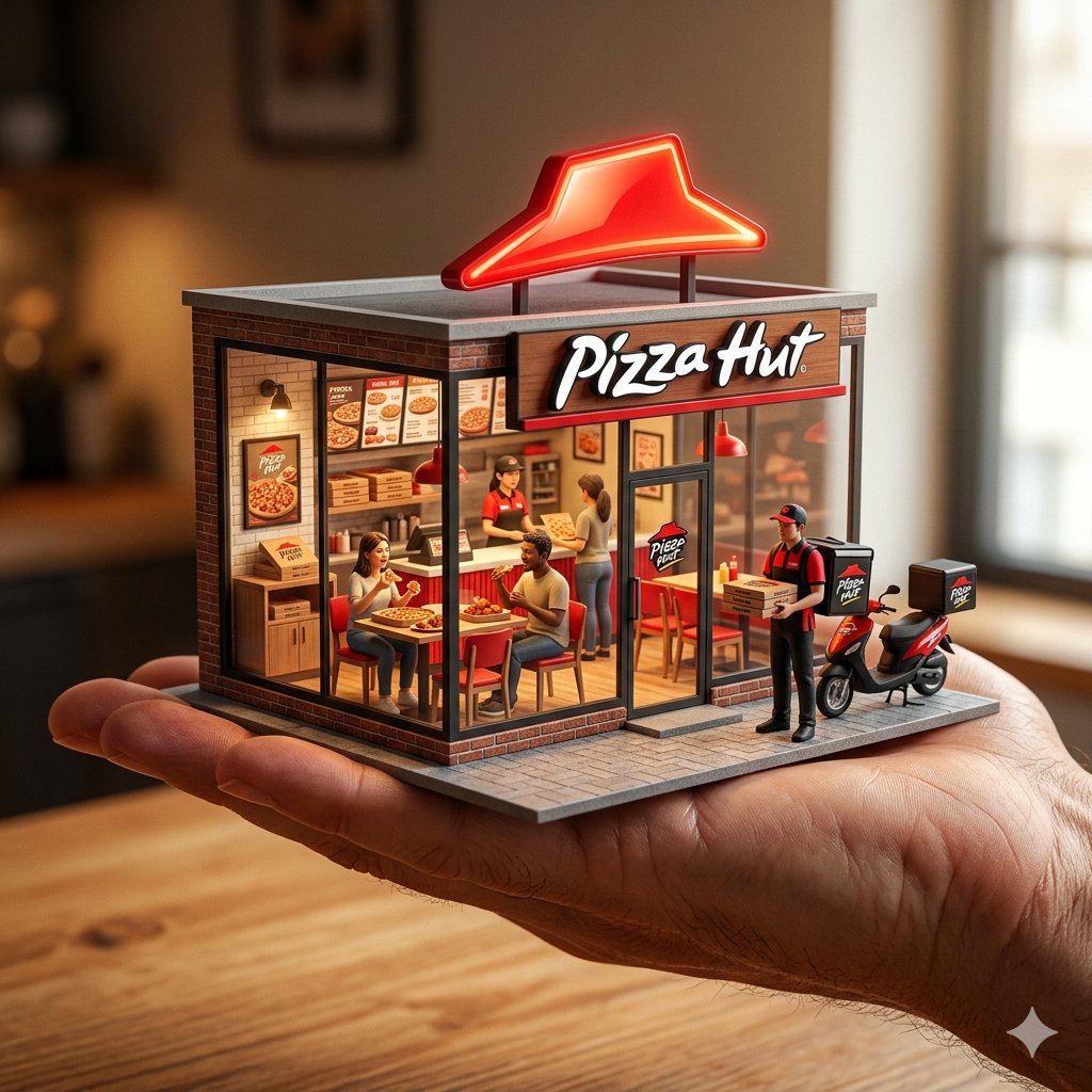 An ultra-realistic miniature [YOUR BRAND] showroom balanced on a human palm