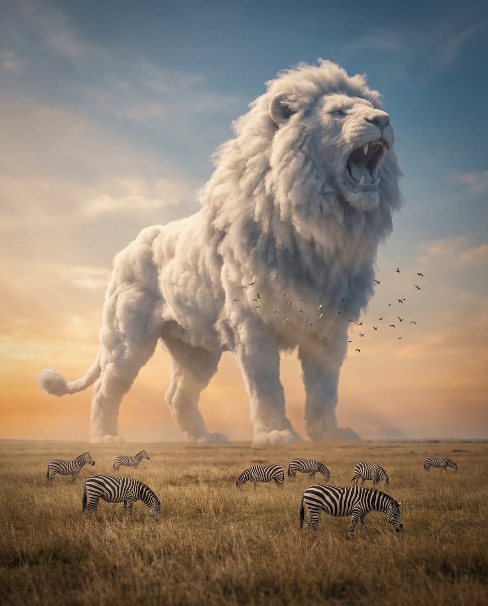Hyper-realistic photography of massive volumetric clouds forming the shape of a majesti...