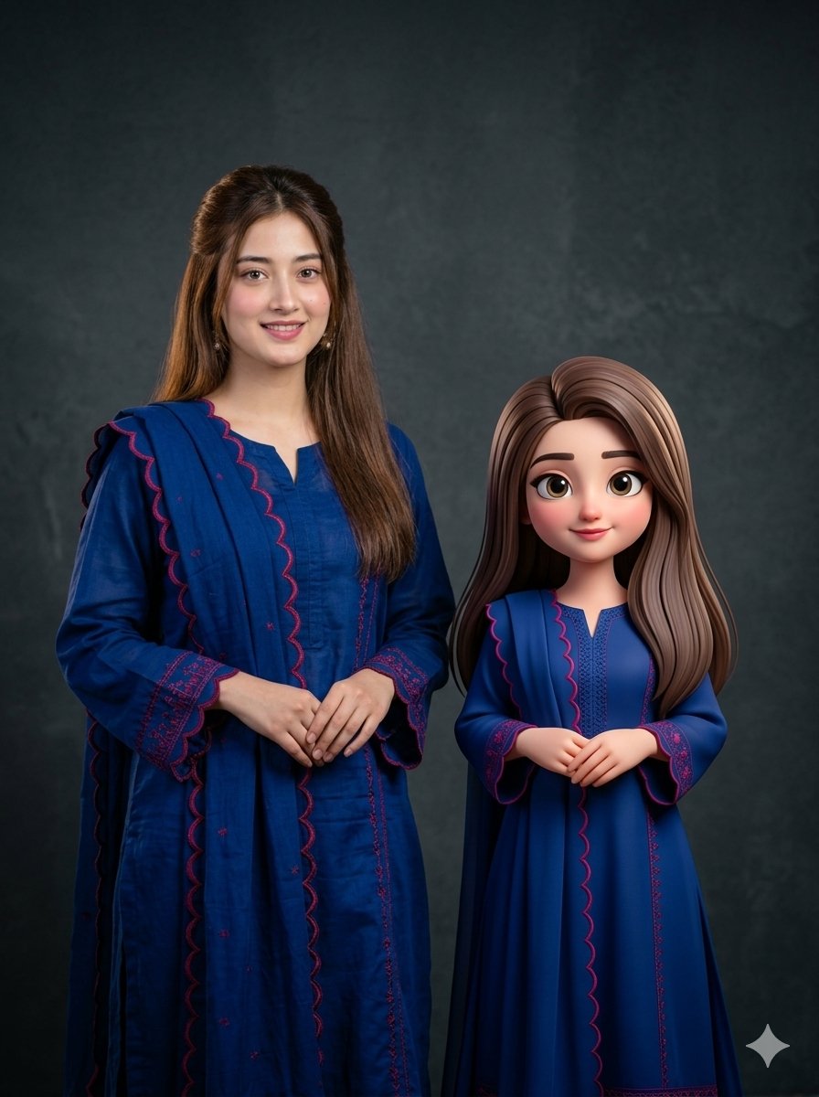 Cinematic portrait of a young woman standing side by side with her miniature version ag...