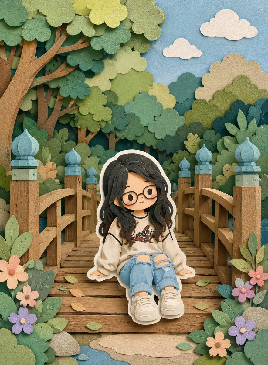 Cute layered paper-cut art style illustration of a chibi ...