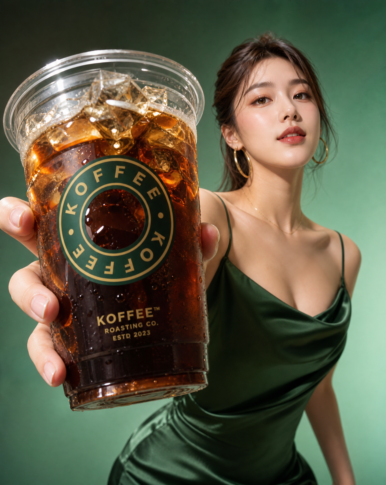 一张高端[咖啡饮品]商业广告大片，[一位韩国网红美女]穿着[墨绿色缎面时尚吊带裙]，妆容为[精致清透的韩式妆容]，...