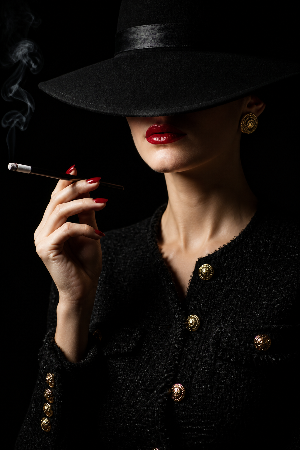 A sophisticated woman in a high-fashion black tweed jacke...