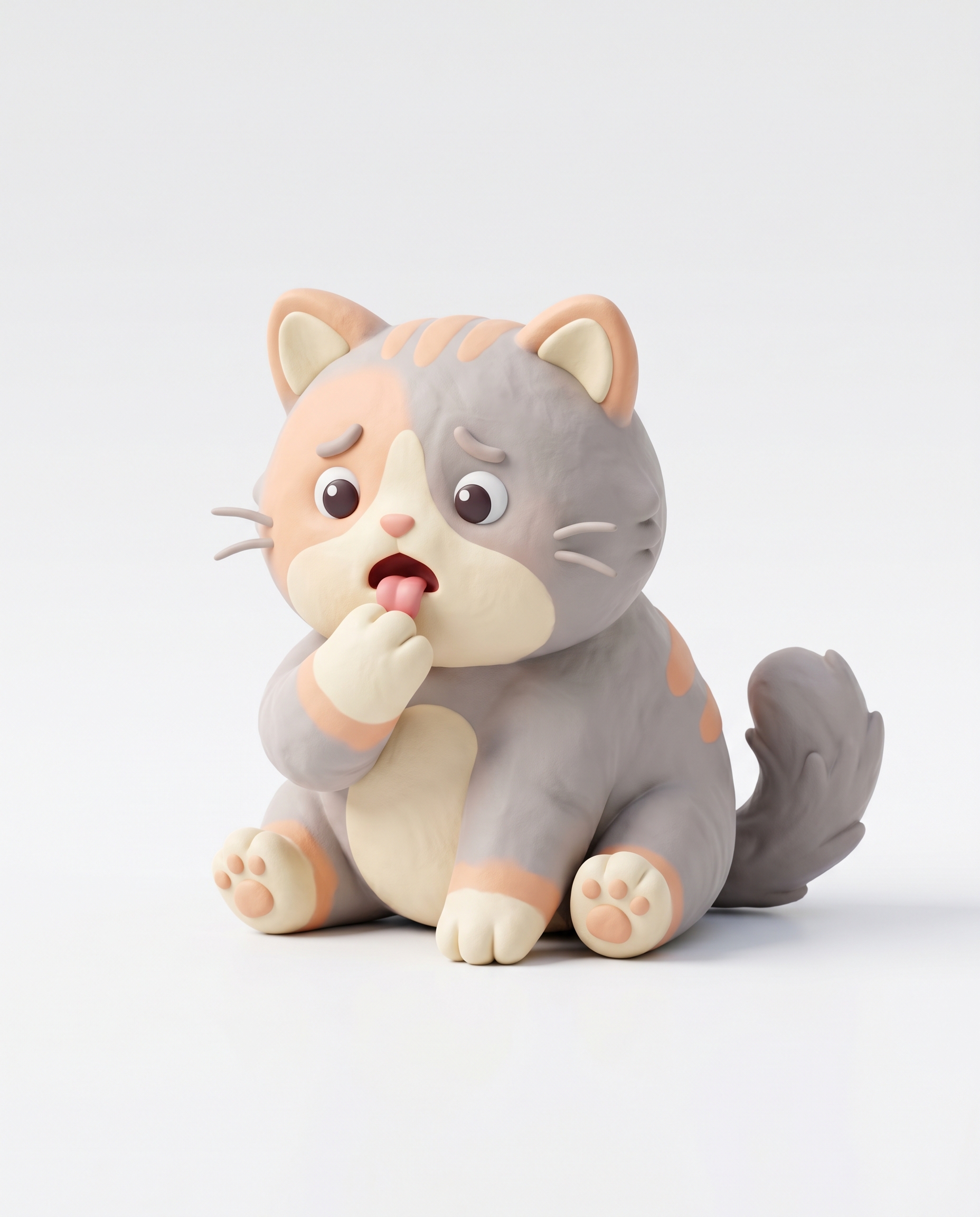 Cute 3D render of a cat, matte finish, sculpted clay icon...