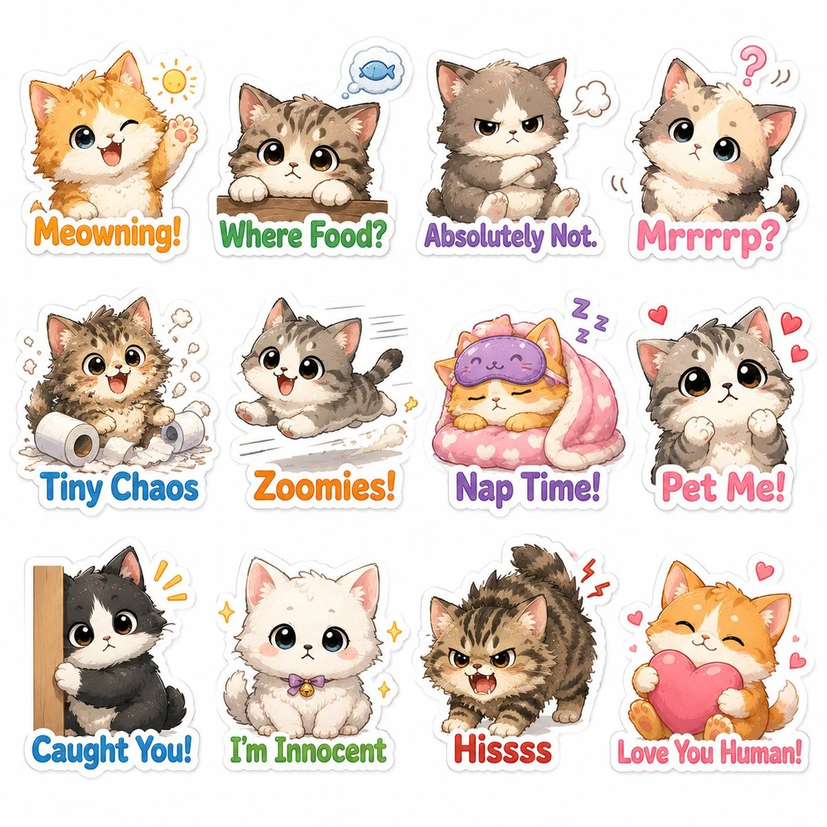 Cute illustrated chibi cat sticker-pack, fluffy kitten de...