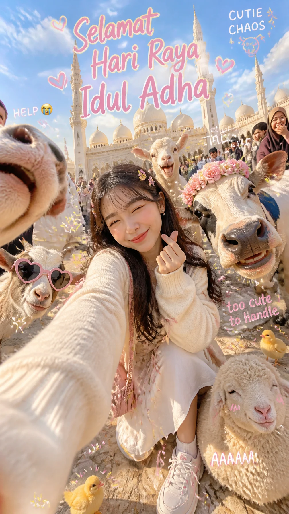 Ultra-realistic super cute chaotic Eid al-Adha selfie pho...