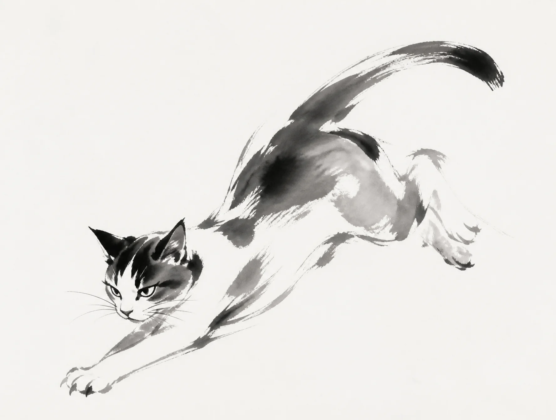 猫，极简东方水墨动态速写，无字