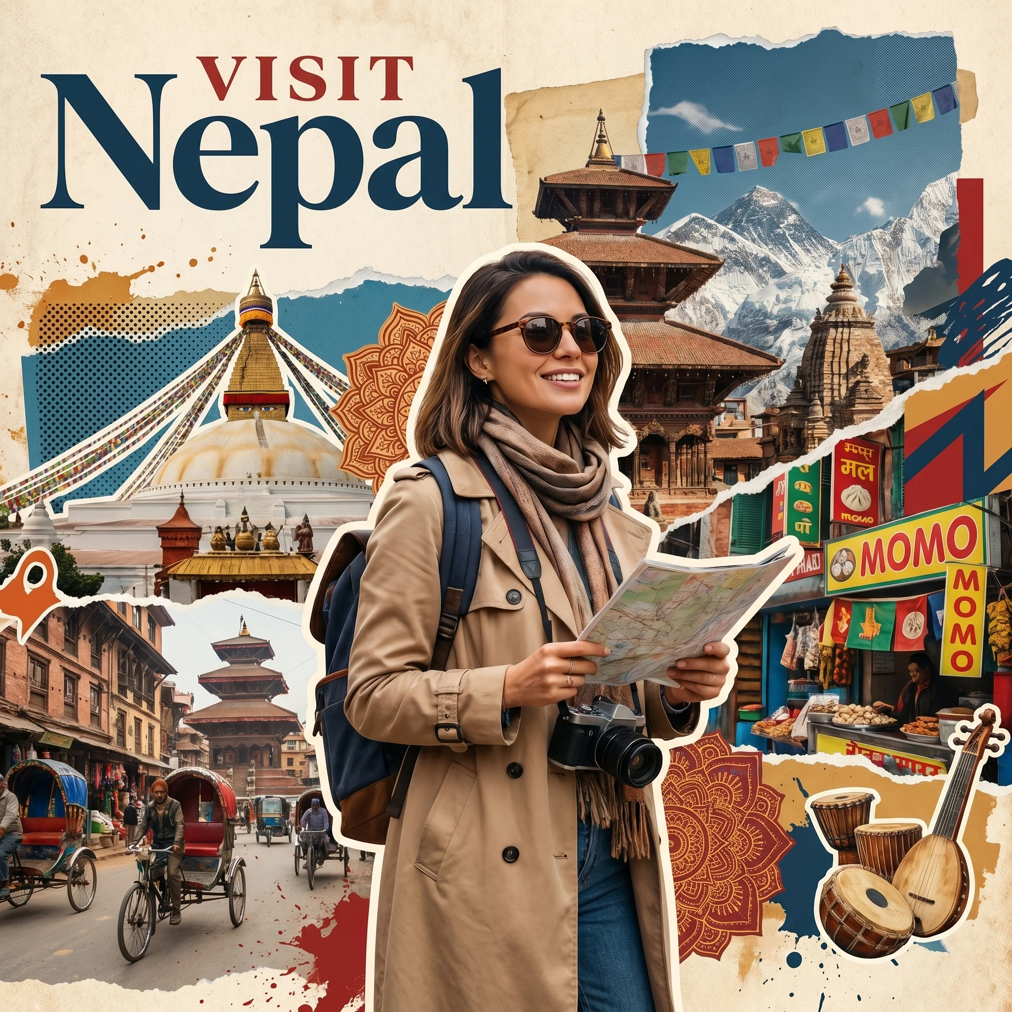 Create a stylized travel poster / graphic collage for Nep...