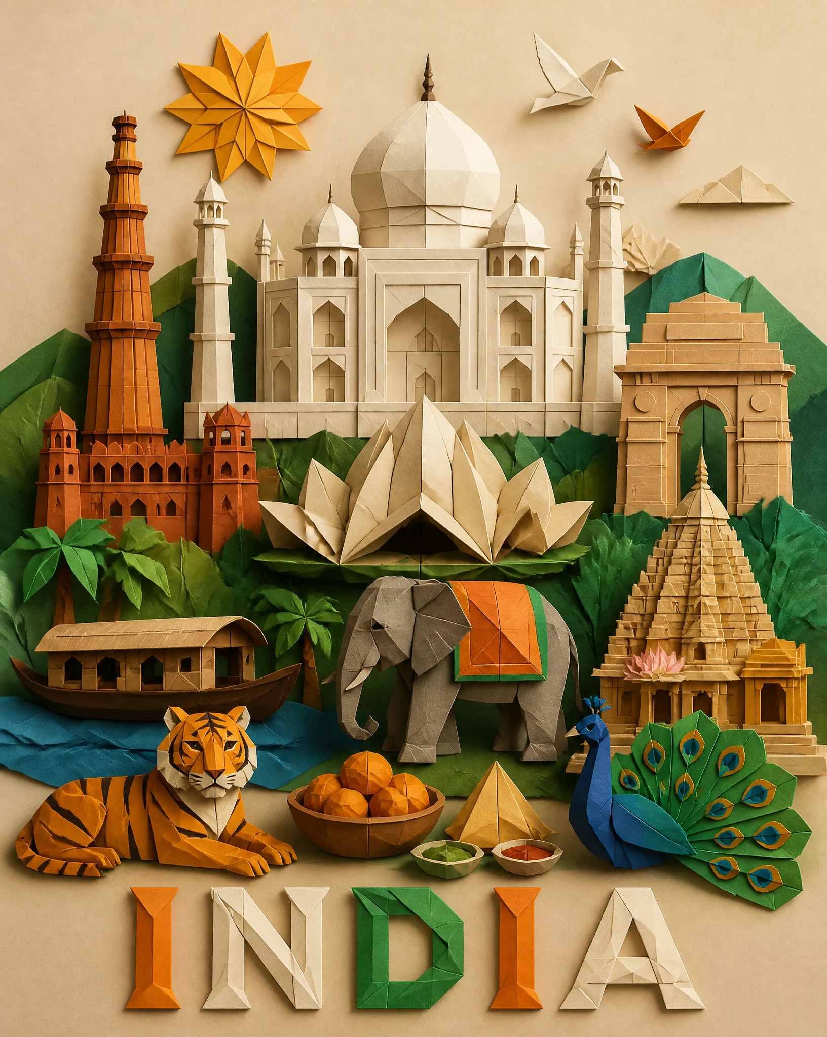 Origami paper art style illustration of [COUNTRY NAME]=In...