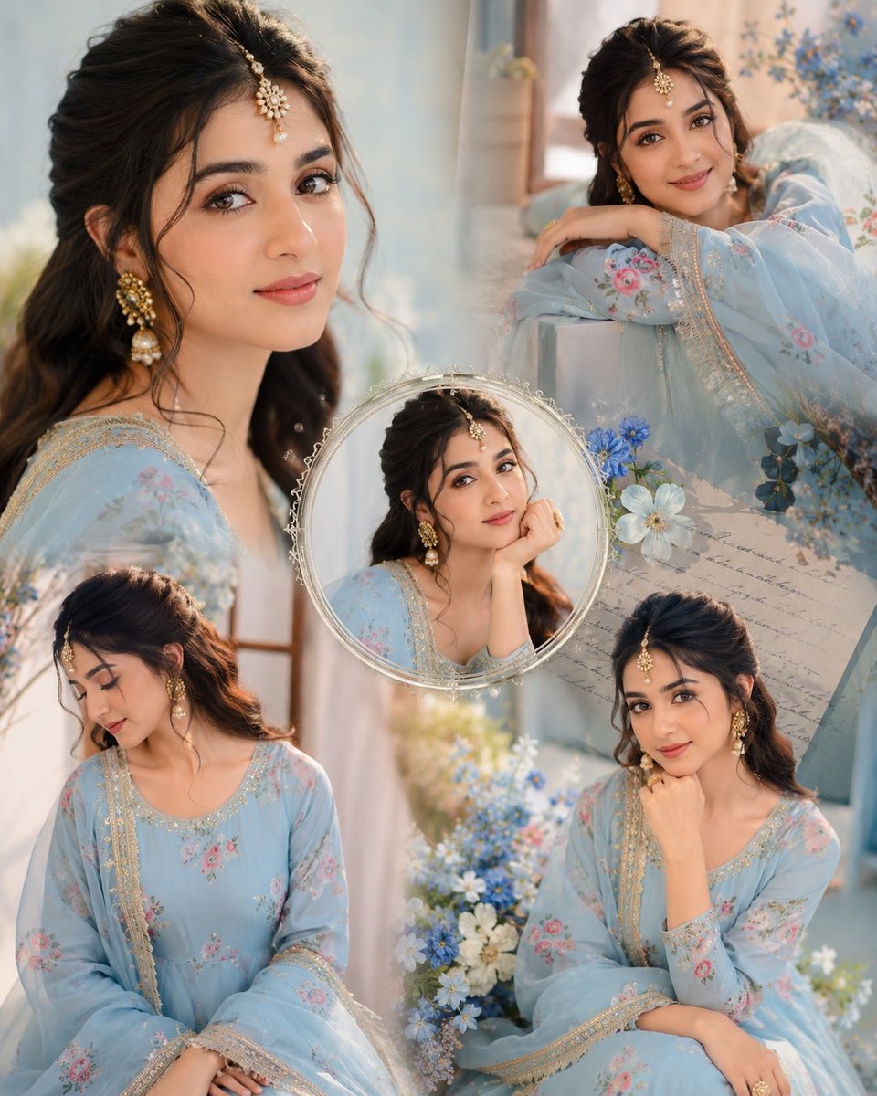 Create a dreamy aesthetic portrait collage of a beautiful young Indian girl wearing a s...