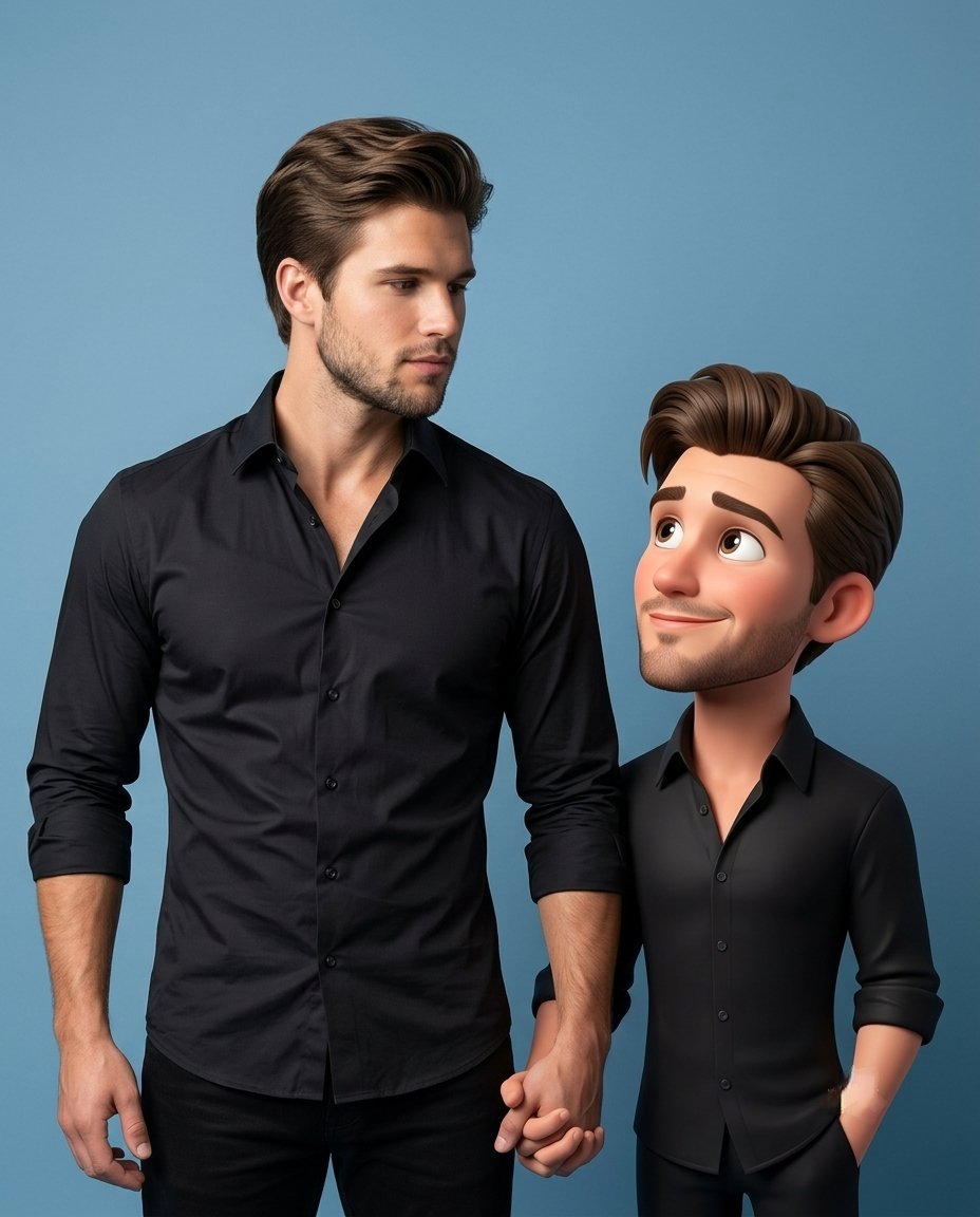 Create a premium high-quality 3D caricature companion of the person in the reference im...