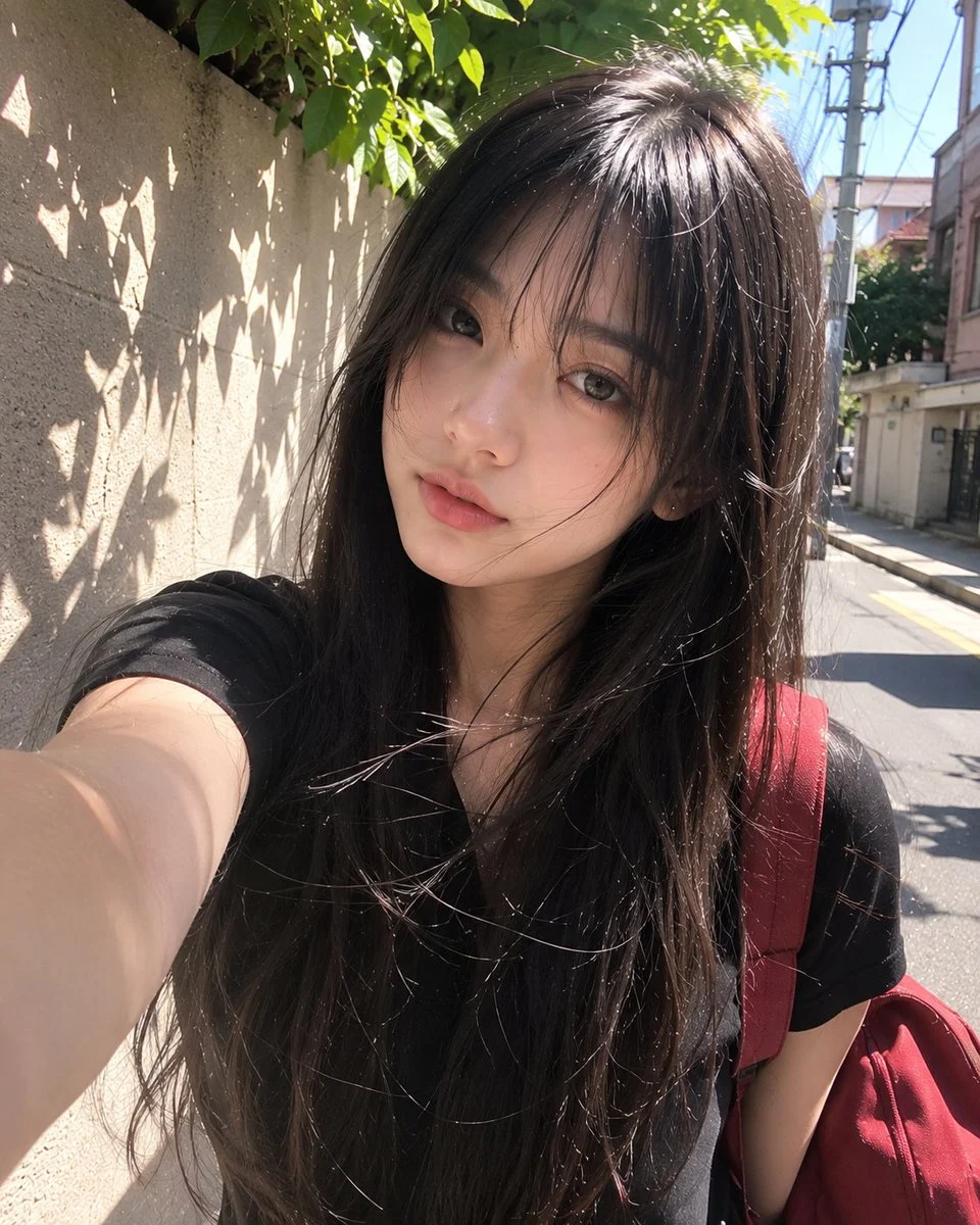 Beautiful young Japanese girl with long silky black hair ...
