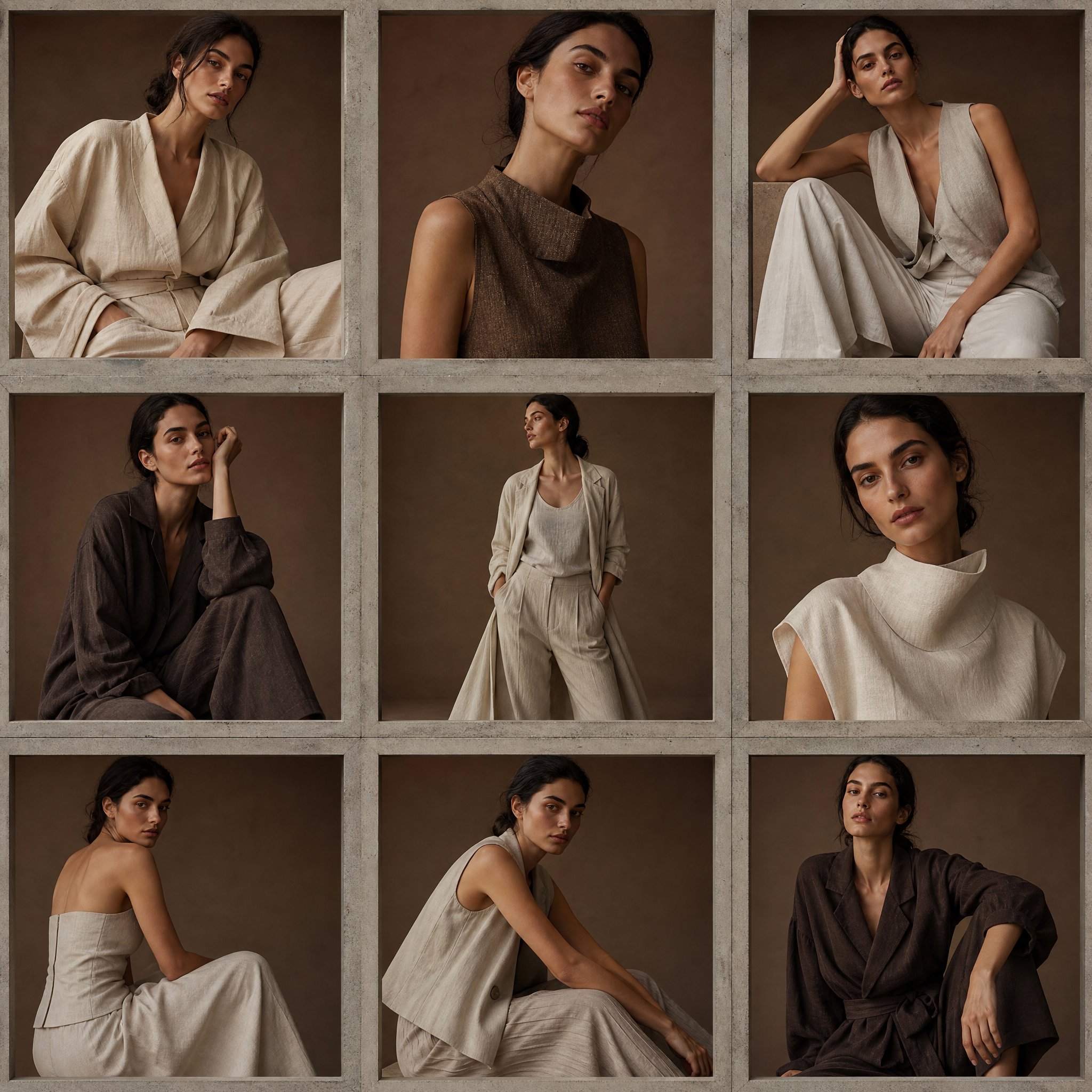 A 3x3 grid fashion composition, 1:1 ratio, featuring the same female model in