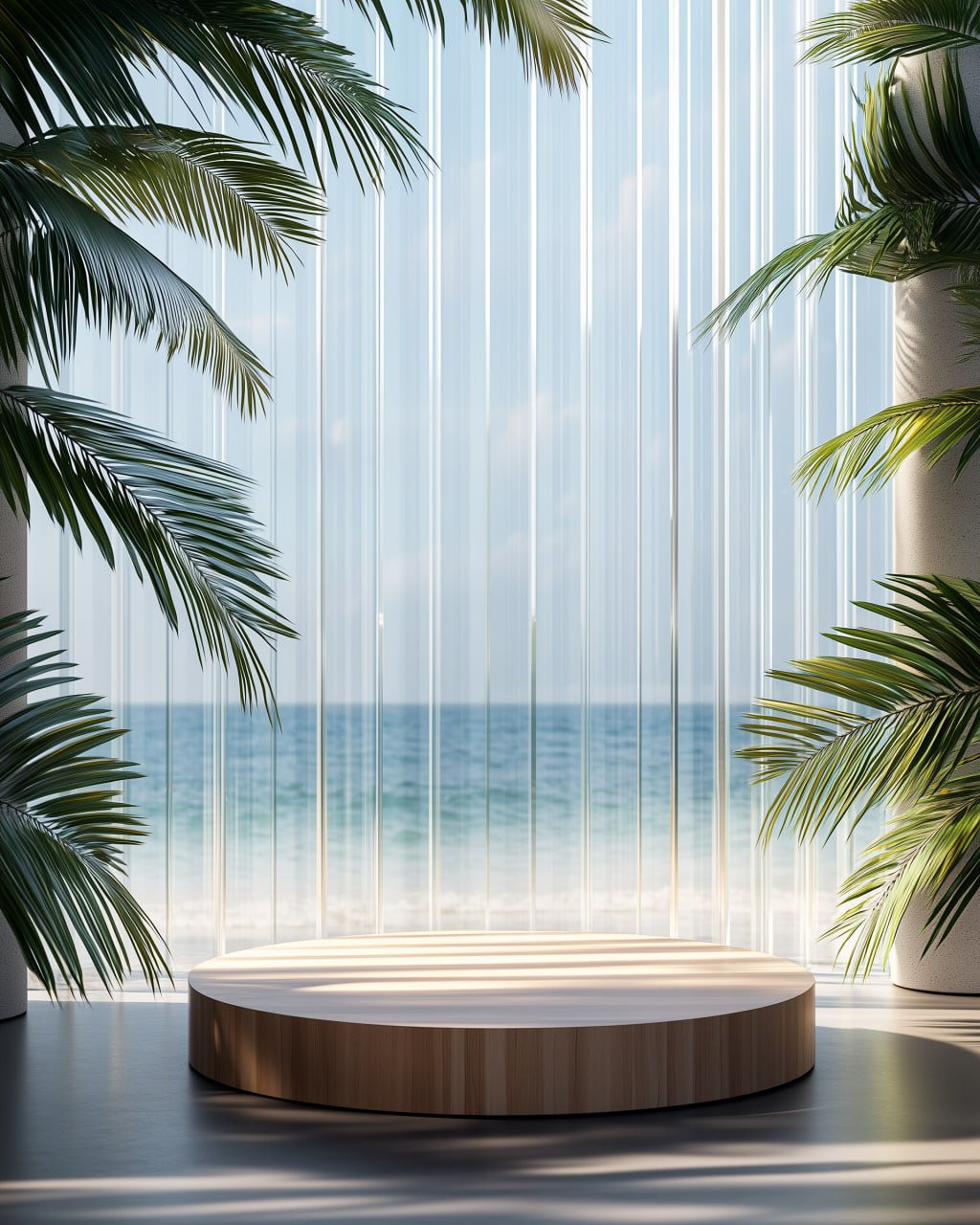 Created by Chat GPT 2:0 A mockup of a round wooden podium on the floor,
