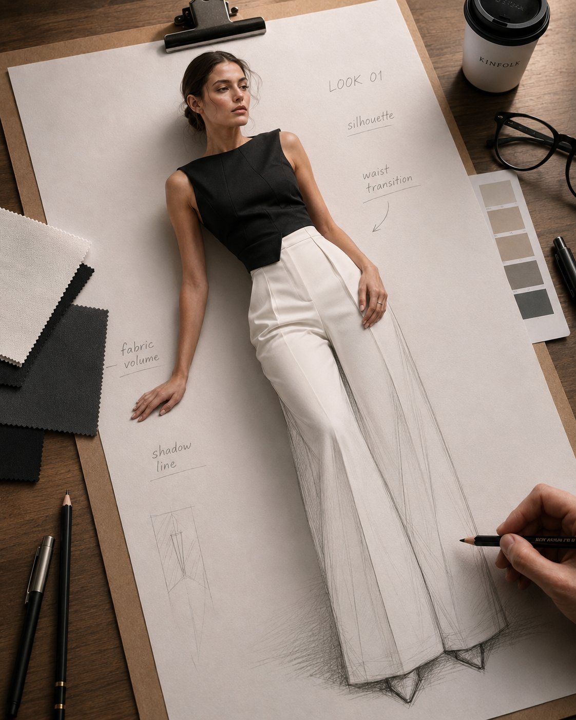 Premium fashion design workspace with sketch materials and refined lighting