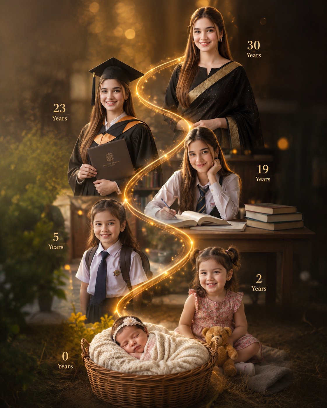 A vertical cinematic life journey portrait showing the same girl at 6 ages