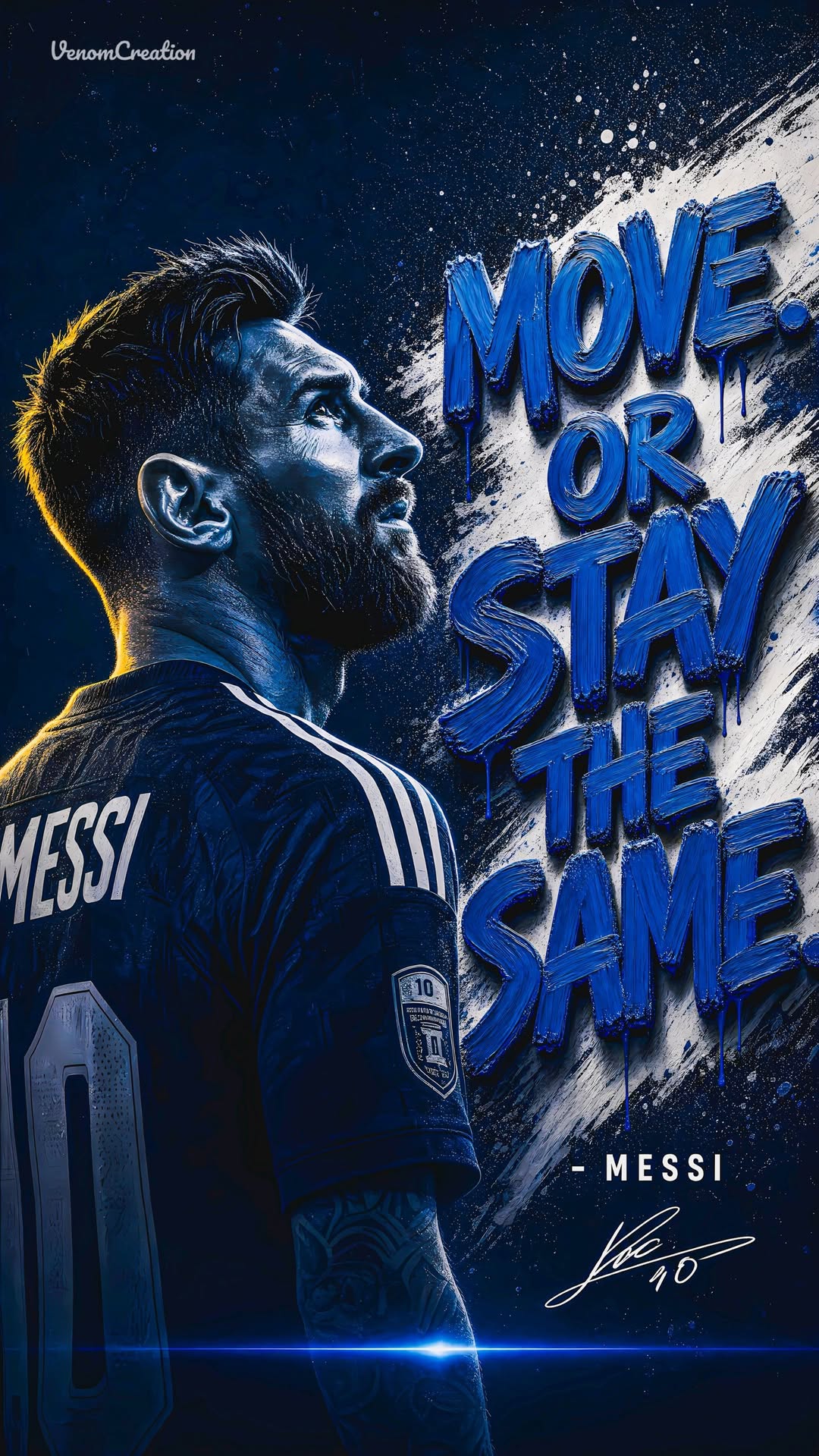 Lionel Messi standing alone in a massive stadium under golden floodlights,