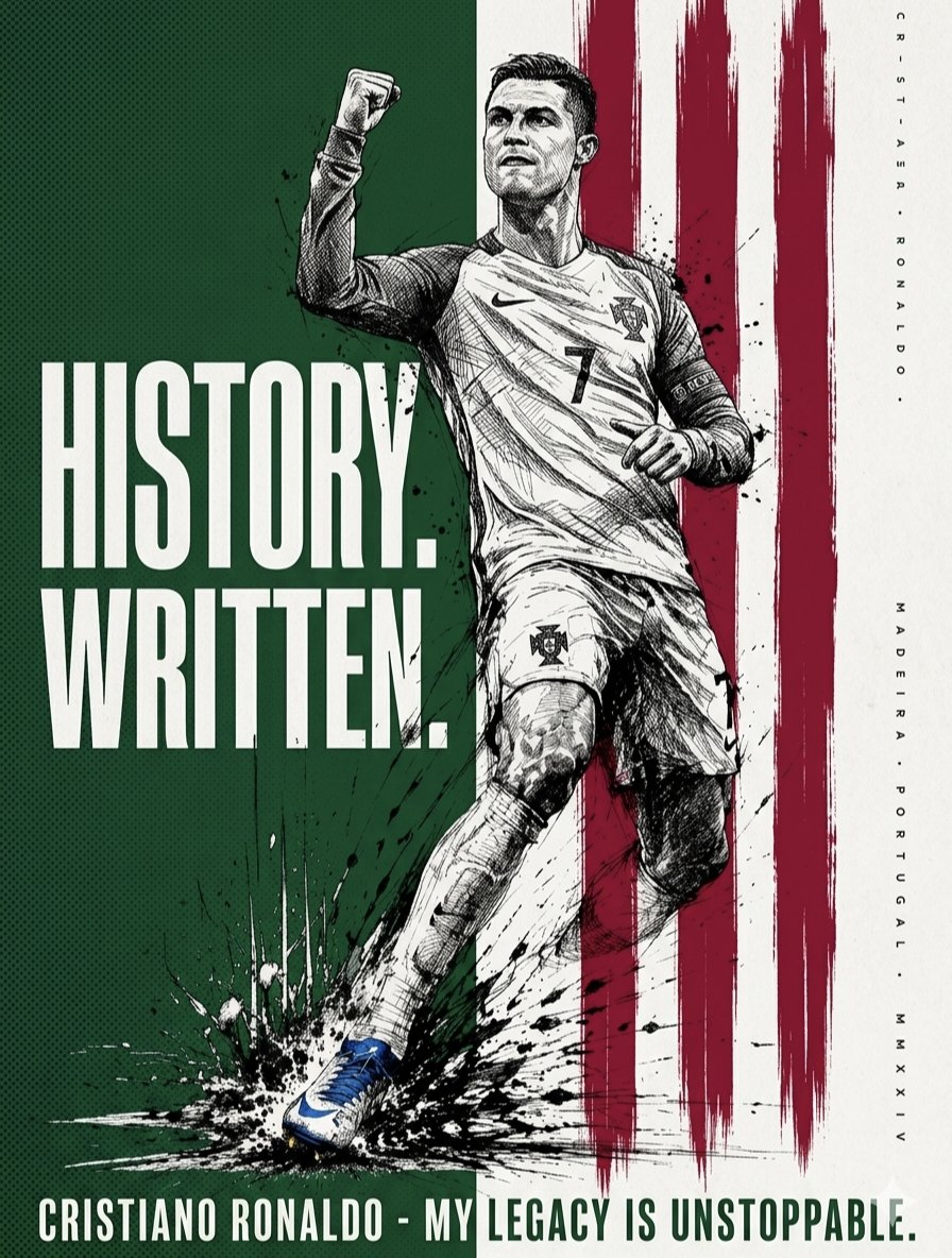 An artistic sports poster featuring Cristiano Ronaldo in a powerful,