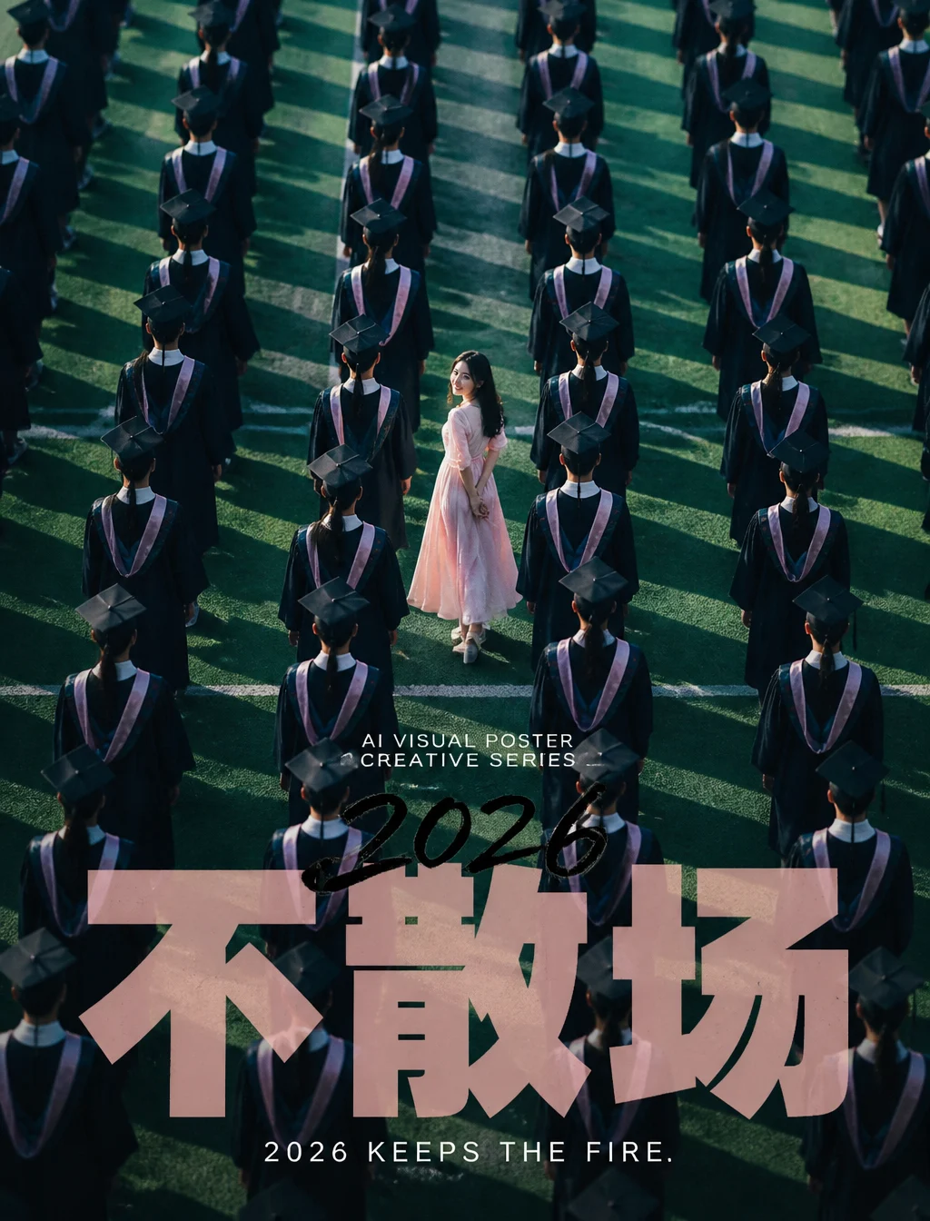 生成一张竖版 3:4 的成品概念海报。画面采用高角度俯视构图，主体是大量重复出现的穿藏青色学士服的毕业生，他们整齐...